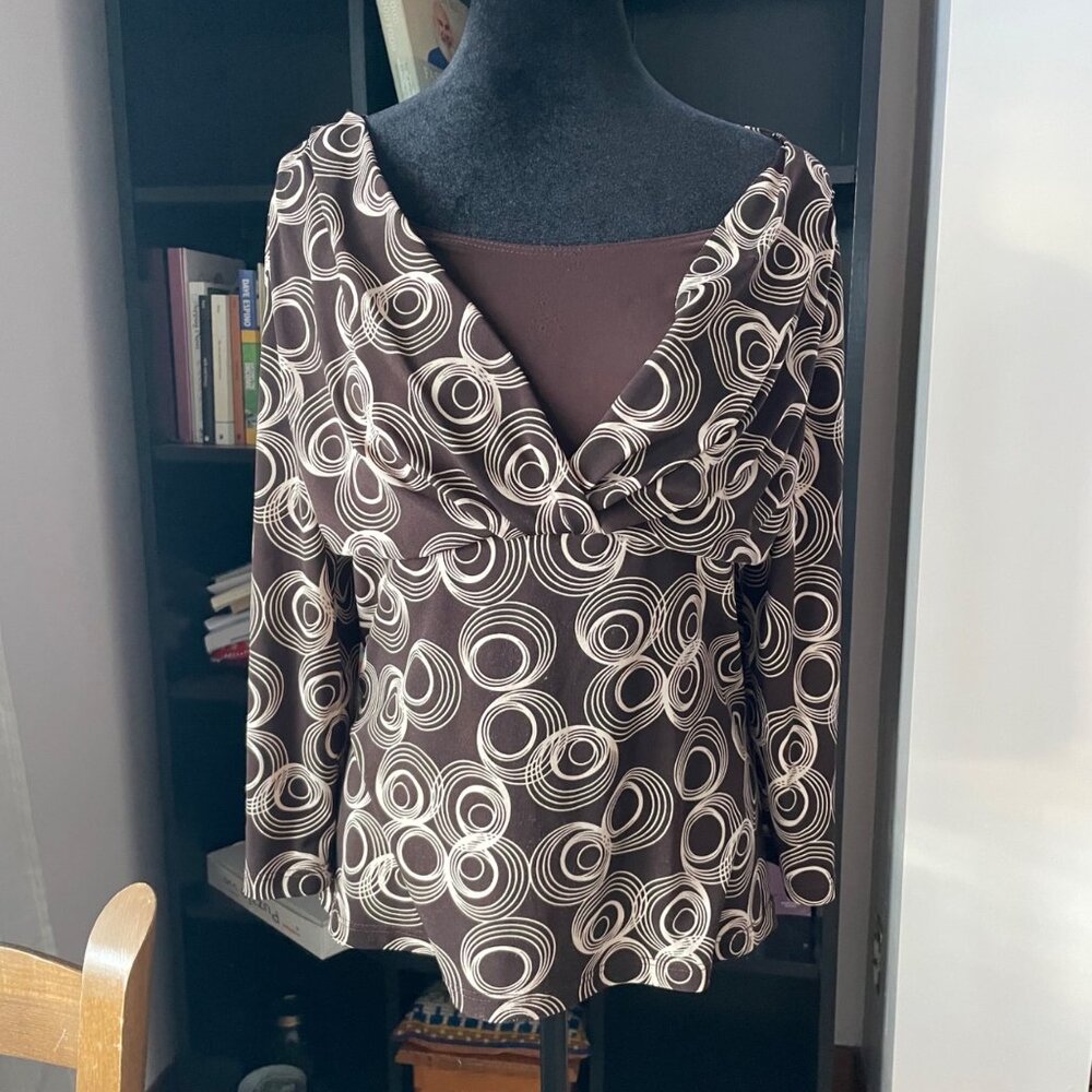 Vintage 90s Y2K Polka Dot Top L Chocolate Brown Deep V Retro French Girl Blouse